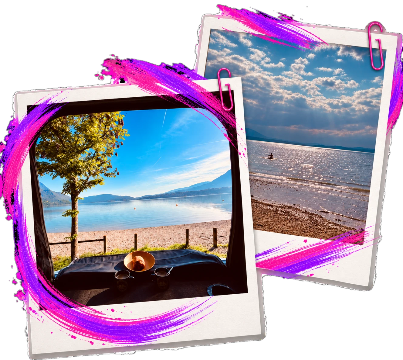 Zwei Polaroid-Fotos mit pinken Farbklecksen und Klammern: Blick von einer Strandliege auf einen See mit Bergen, daneben ein Stand-Up-Paddler auf glitzerndem Wasser unter Wolkenhimmel