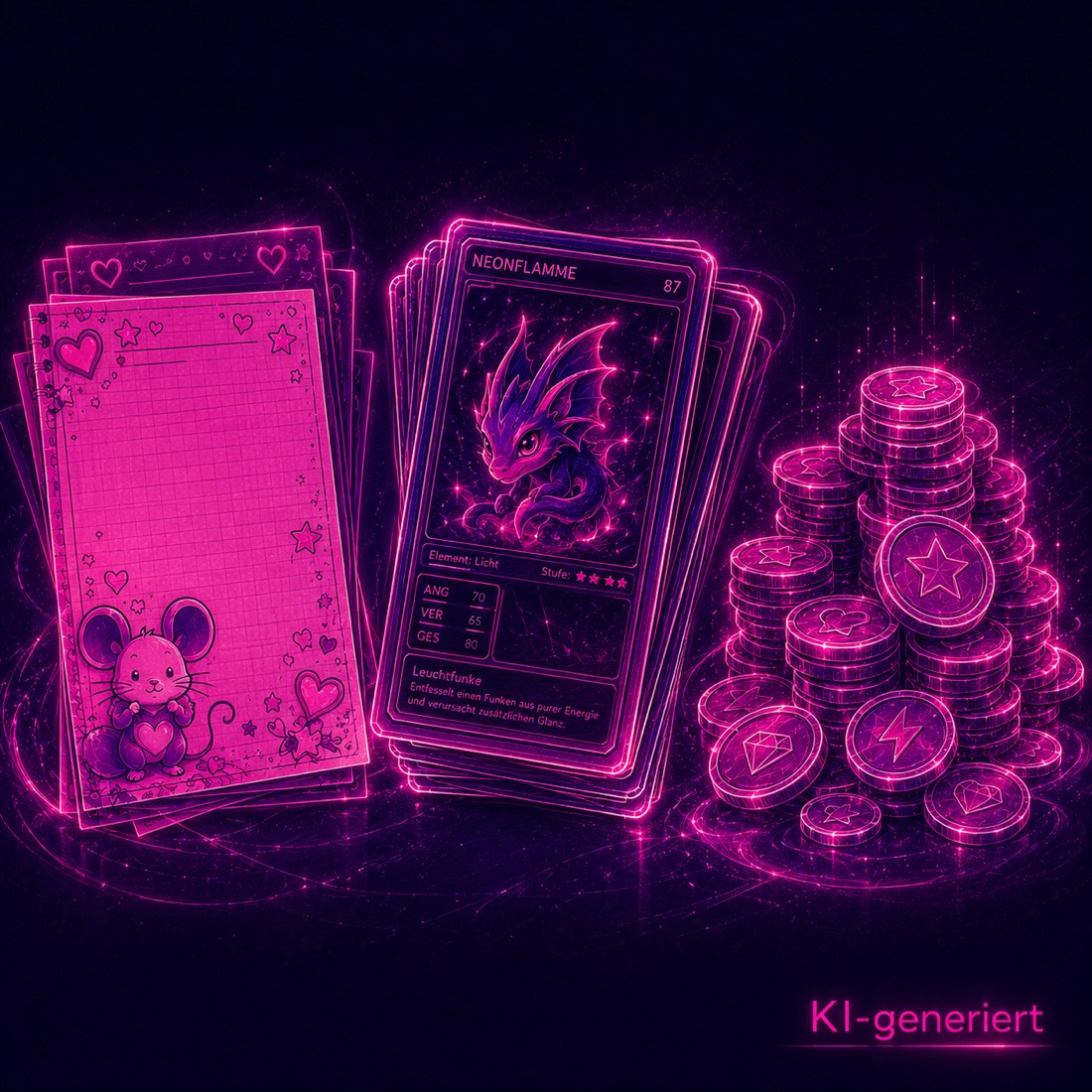 Neon-Illustration: Stapel Sammelblätter, ein Stapel Sammelkarten und daneben ein wachsender Turm aus Münzen