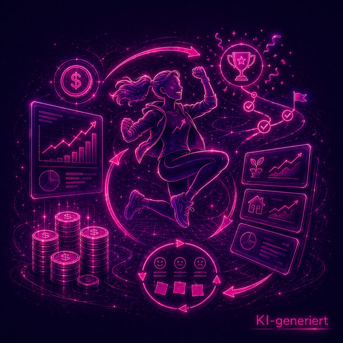 Neon-Illustration: jubelnde Frau in der Luft, umgeben von steigenden Charts, Münzstapeln, Pokal und Meilenstein-Pfad