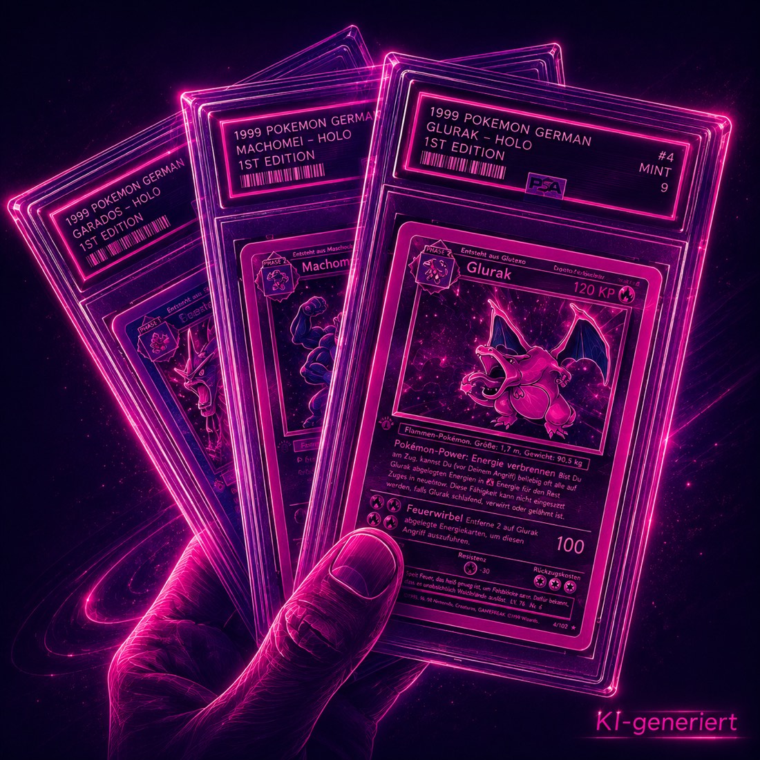 Neon-Illustration: drei gegradete Pokémon-Karten von 1999 – Glurak, Machomei und Garados – aufgefächert in einer Hand