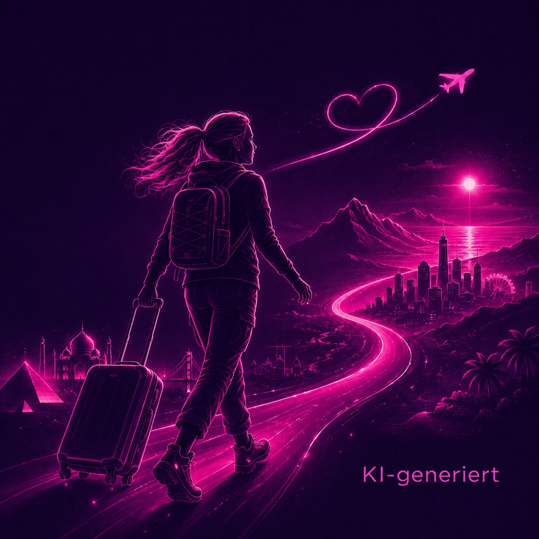 Neon-Illustration: Frau mit Koffer und Rucksack auf einer leuchtenden Strasse, im Hintergrund Sehenswürdigkeiten aus aller Welt